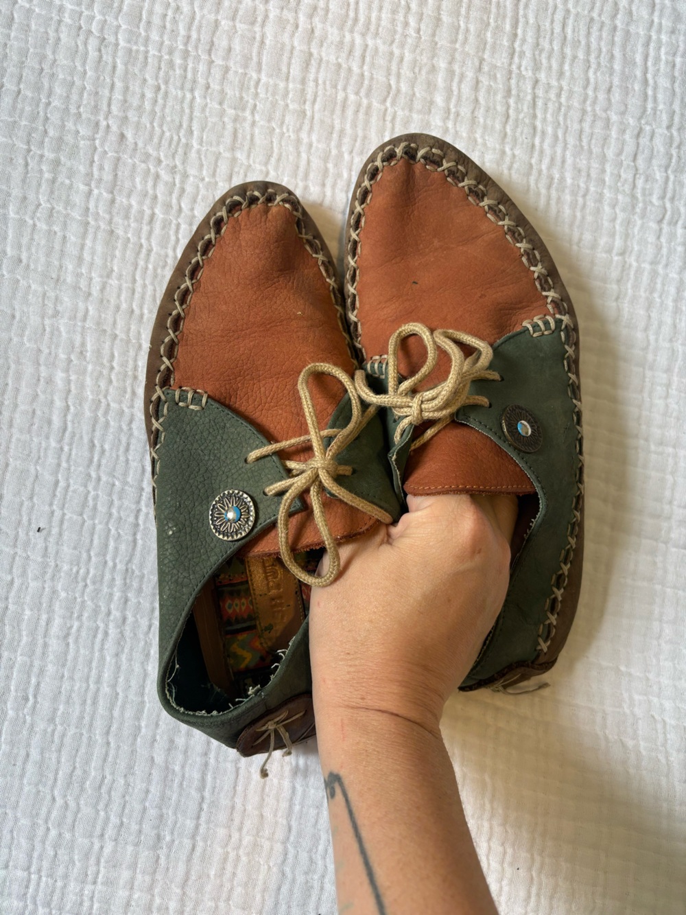 Hush Puppies Green Suede Moccasin with Multicolor Tribal Lining